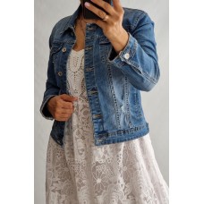Ražotāja B.S. Jeans : Elastīga - džinsu auduma jaka ,klasiska stila modelis  ,izmērs L/40 ( zila ar balinājuma efektu + izdilumi)